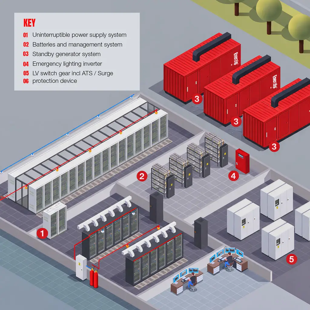 Enerzip backup power architecture for data centers and hospitals showing ATS transfer, UPS ride-through, load tiers, N+1 paralleling, and motor re-acceleration event flow