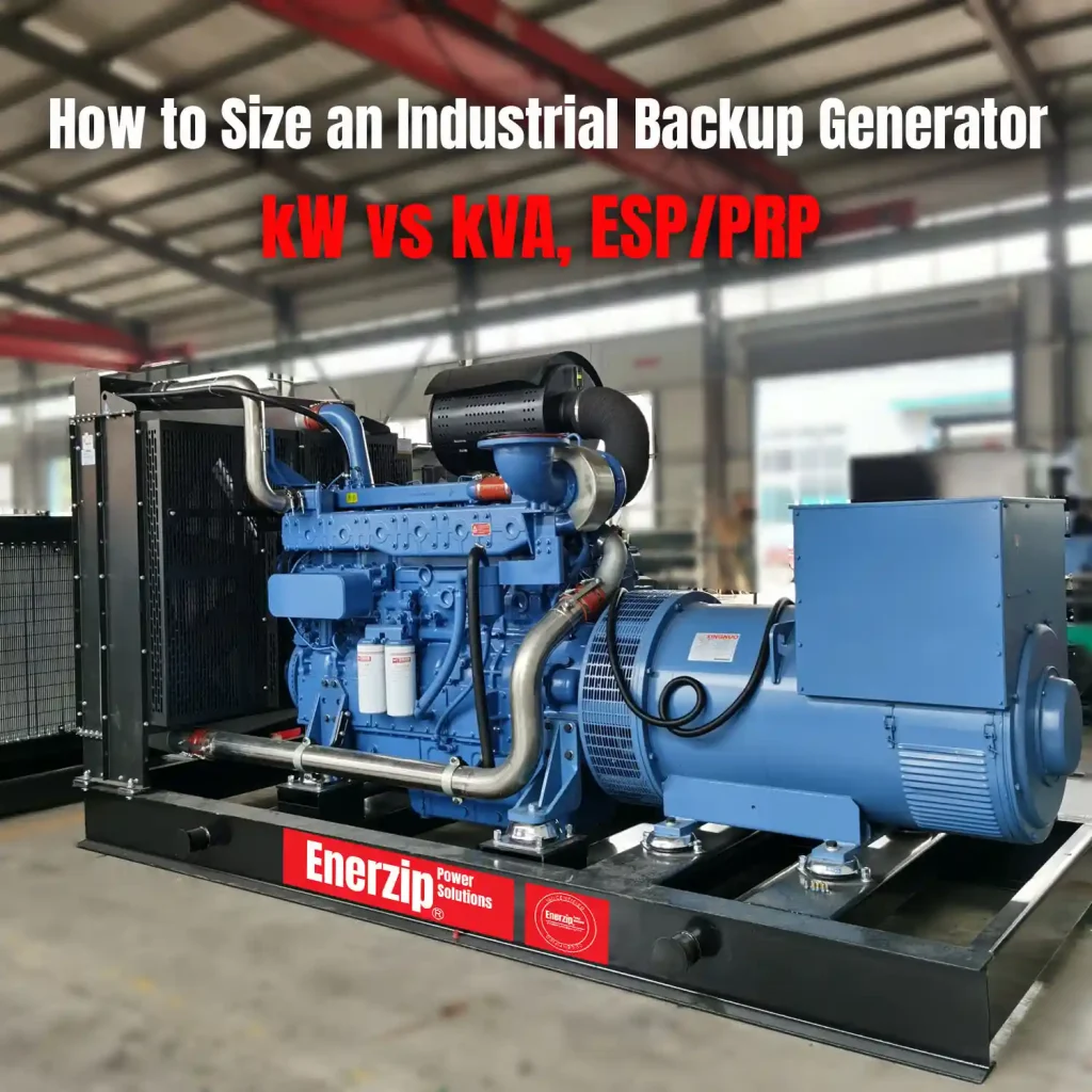 Industrial backup generator sizing workflow showing kW vs kVA conversion, load list, motor starting and ATS transfer events, derating, and ESP/PRP rating selection.