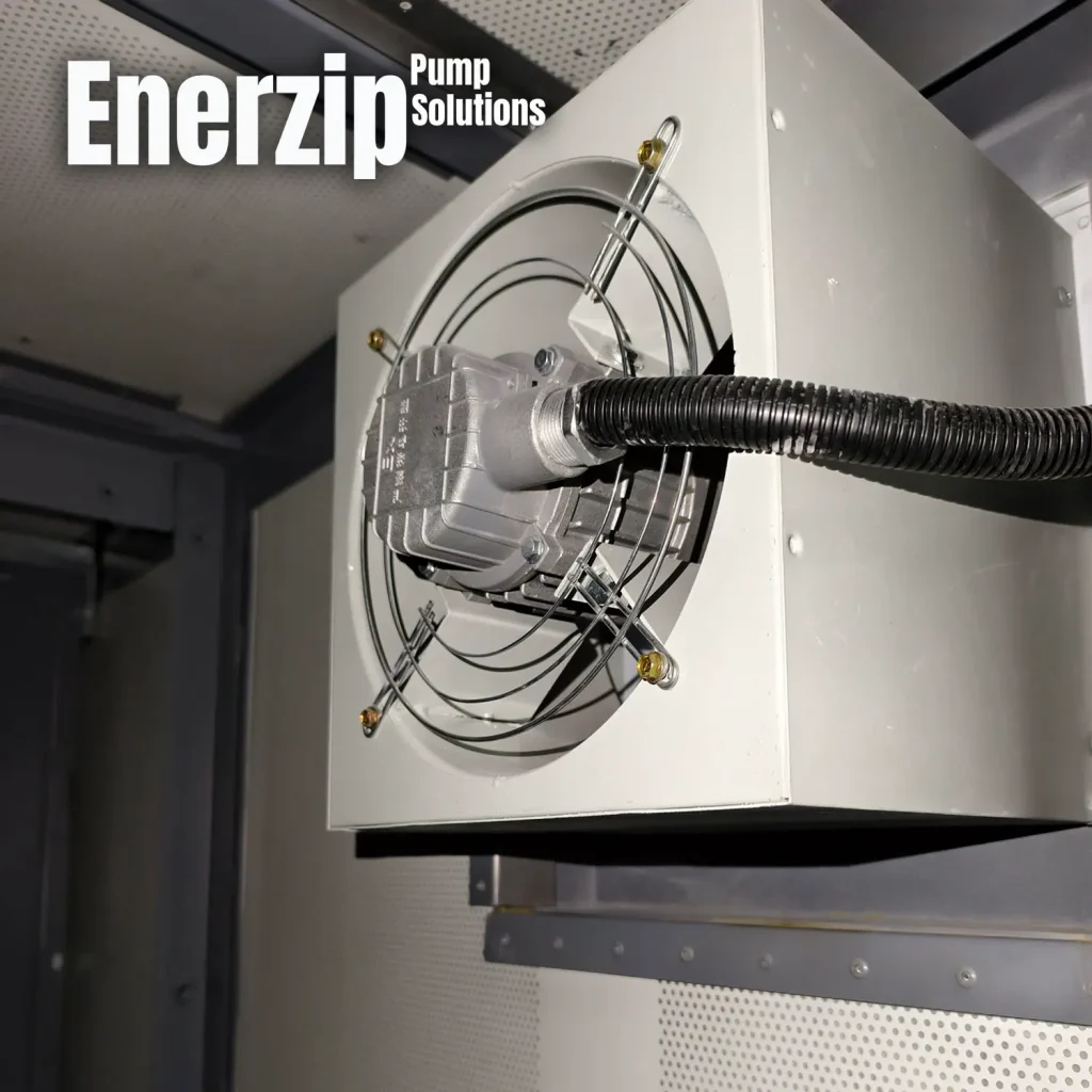 Enerzip genset cooling and ventilation workflow showing high-ambient derating, enclosure airflow pressure drop/recirculation checks, and FAT/SAT acceptance logging.