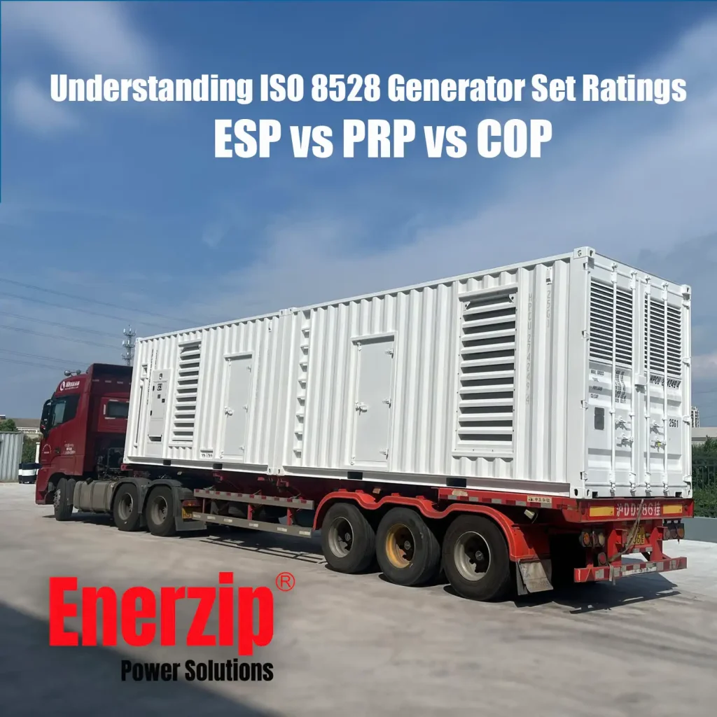 ISO 8528 generator set ratings guide cover showing ESP vs PRP vs COP vs LTP selection based on duty cycle, load profile, and derating factors (temperature, altitude, enclosure airflow).