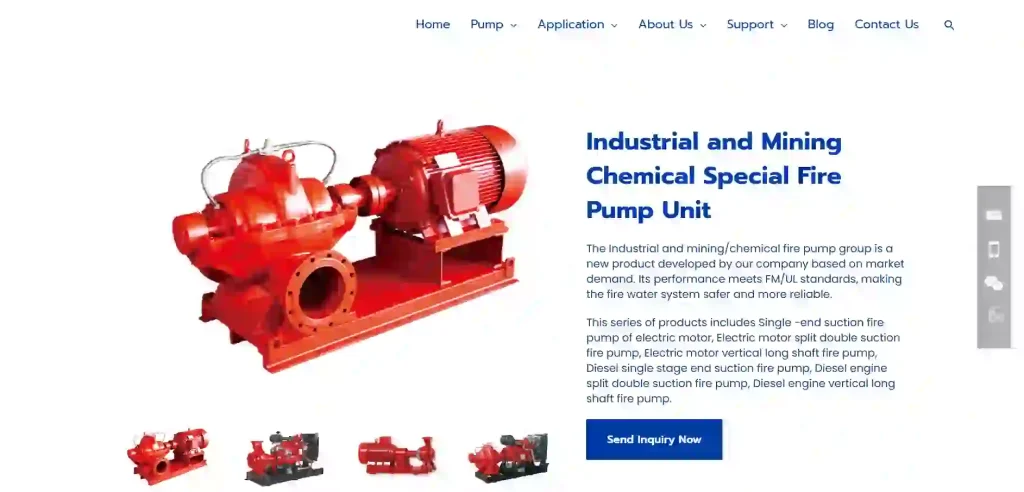 Shanghai Kaiquan Pump official website screenshot showing industrial pumps, fire pump systems, municipal water supply equipment and building water treatment solutions.