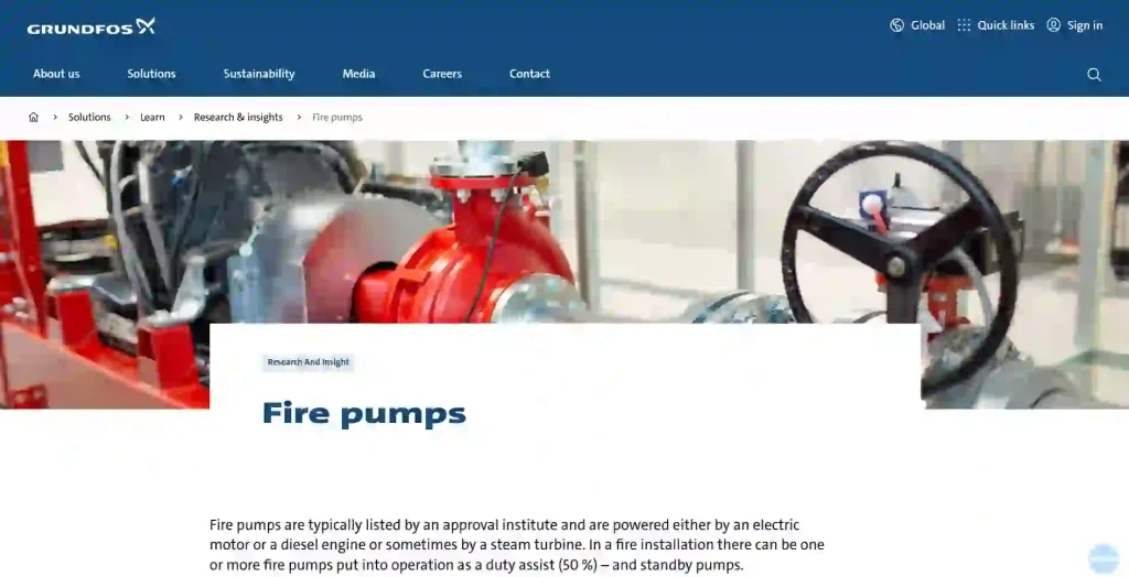Grundfos official website screenshot showing fire pumps, building water supply pumps and energy-efficient industrial pumping solutions for commercial, municipal and industrial applications.