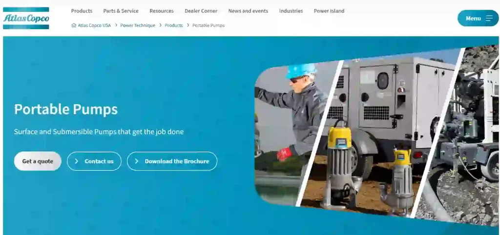 Atlas Copco official website screenshot showing diesel-driven dewatering pumps for construction, mining, flood control and emergency drainage applications.