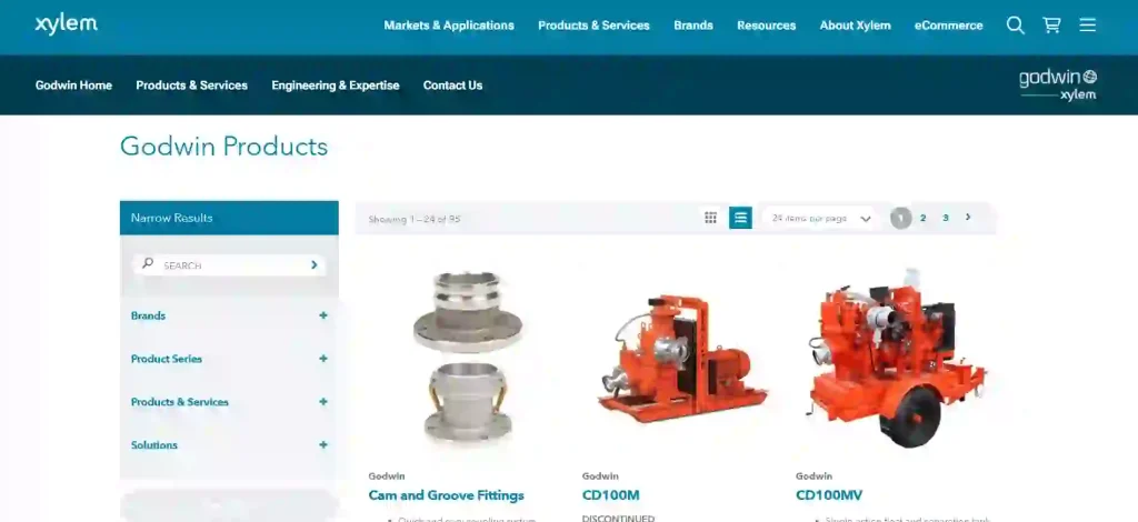 Wilo official website screenshot showing fire fighting pumps, building water supply systems and industrial pumping solutions for commercial, municipal and HVAC applications.