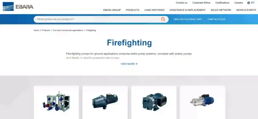 Ebara official website screenshot showing fire fighting pumps, industrial water pumps and building water supply solutions for commercial, municipal and industrial applications.