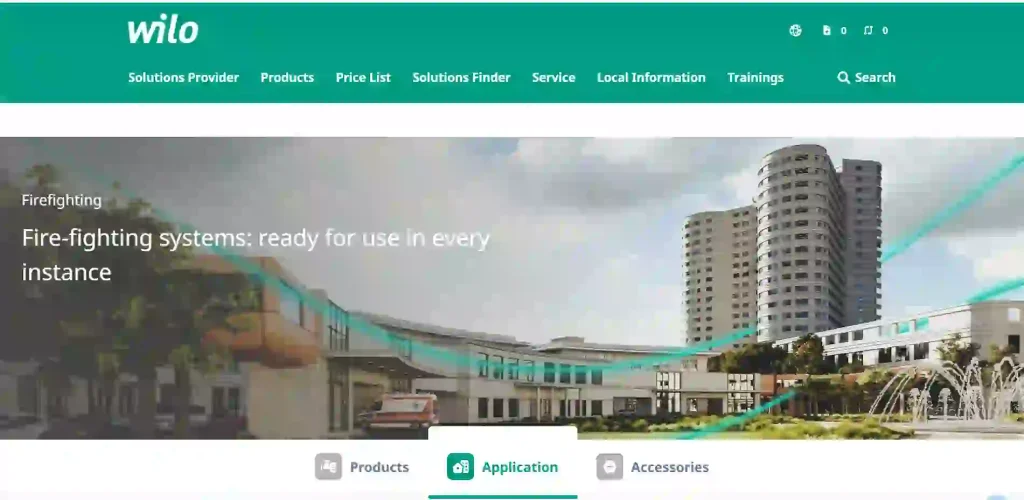 Wilo official website screenshot showing fire fighting pumps, building water supply systems and industrial pumping solutions for commercial, municipal and HVAC applications.