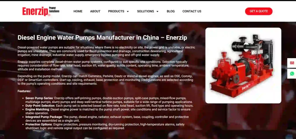 Enerzip Power official website screenshot showing diesel engine water pumps for irrigation, firefighting, drainage, mining and industrial water transfer applications.