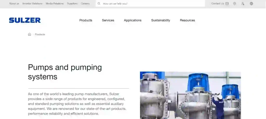 Sulzer official website screenshot showing industrial pumps, wastewater pumps, process pumps and slurry pumping solutions for energy, chemical, municipal and heavy-duty applications.