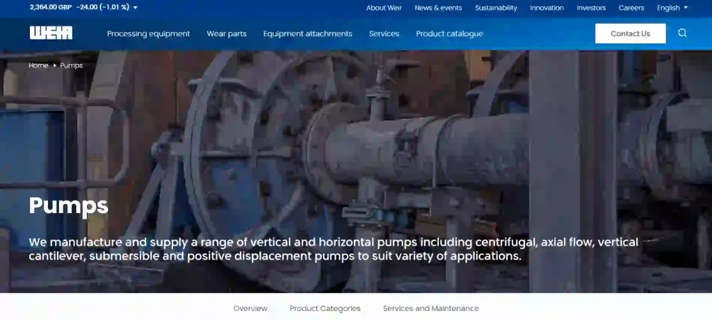 Weir official website screenshot showing Warman slurry pumps and heavy-duty pumping solutions for mining, minerals processing, tailings handling and abrasive slurry applications.