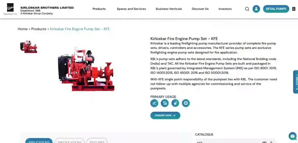 Kirloskar official website screenshot showing diesel water pump solutions for agricultural irrigation, small water supply, tropical climate and cost-sensitive markets.