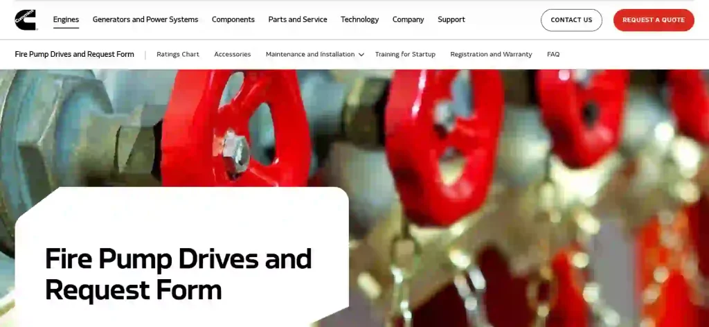 Cummins official website screenshot showing diesel engines and fire pump drive solutions for industrial, firefighting and emergency water pumping applications.