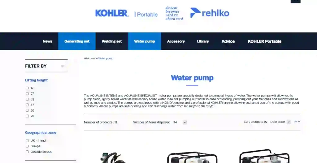 Kohler official website screenshot showing compact diesel water pump and backup water supply solutions for commercial buildings, hotels and emergency drainage applications.