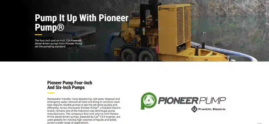 Caterpillar official website screenshot showing Cat diesel engines and diesel-driven pump solutions for industrial, oilfield and emergency water pumping applications.