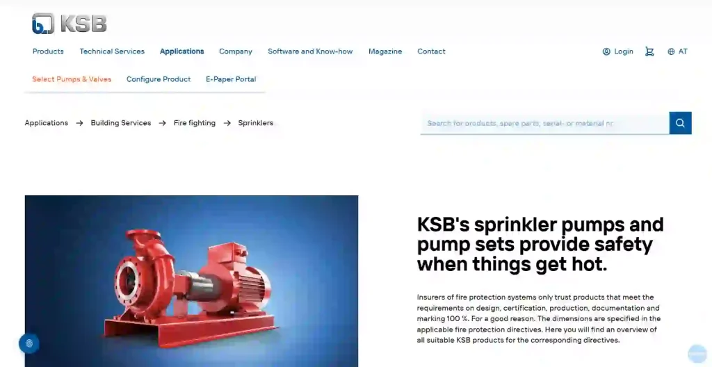 KSB official website screenshot showing fire fighting pumps, industrial pump systems and water supply solutions for building, municipal and industrial applications.