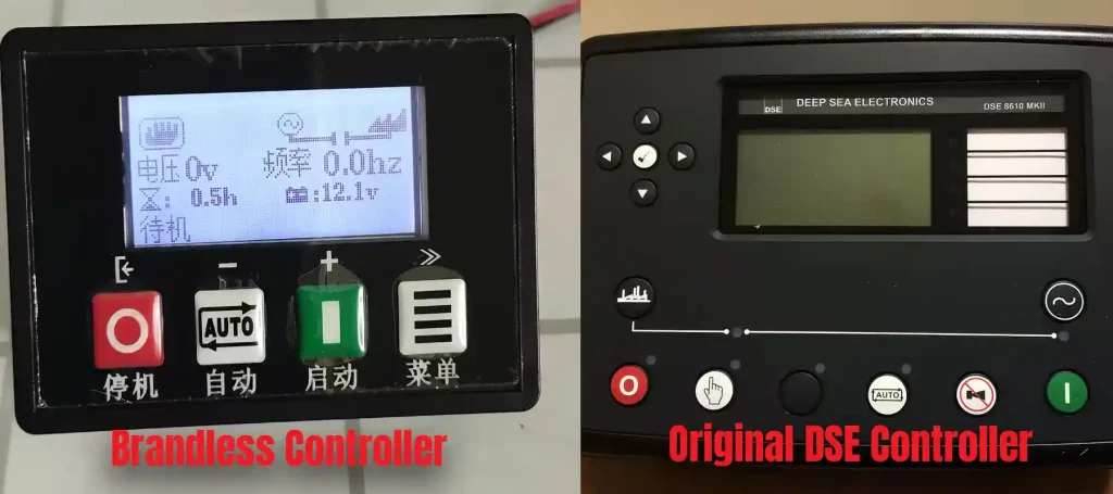 Front-panel comparison of a brandless generator controller and an original DSE controller, showing differences in branding, display layout, button design, printed markings, and panel workmanship.