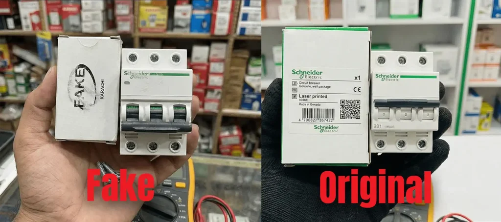 Front-view comparison of an original Schneider Electric switch and a suspected counterfeit switch with the same logo, showing differences in pattern clarity, printing quality, surface finish, and front-panel workmanship.