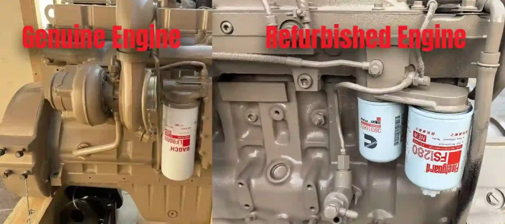 Comparison of a genuine new diesel engine and a refurbished diesel engine, highlighting differences in surface condition, paint finish, fasteners, pipes, and signs of previous use.
