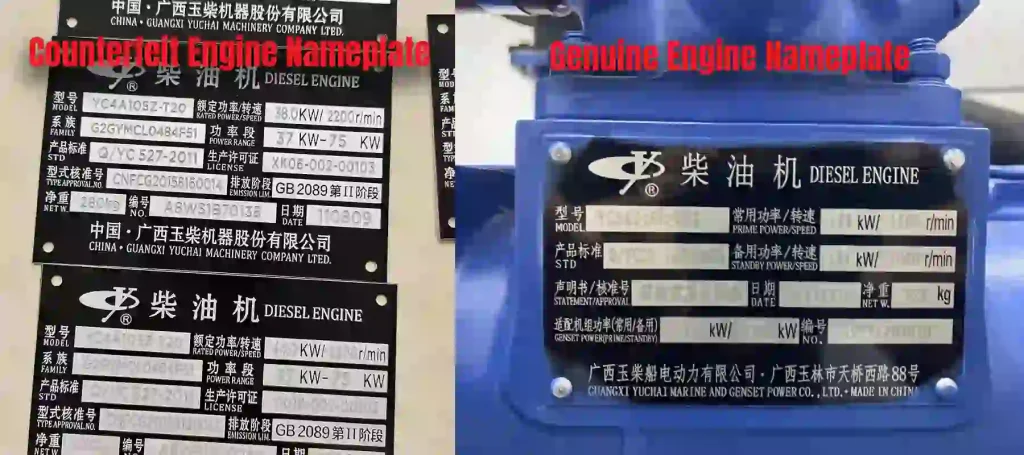Comparison of genuine engine nameplate and counterfeit engine nameplate on a diesel generator, showing differences in serial number, model details, and label quality.